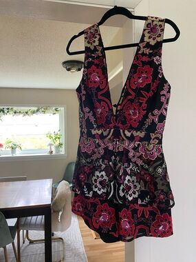 Nasty Gal Black Romper with Pink Floral Embroidery